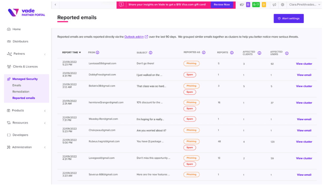 BEC attacks – Reported emails dashboard in Vade Partner Portal