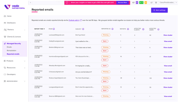 BEC攻撃--Vadeパートナーポータル内のReported emailsダッシュボード