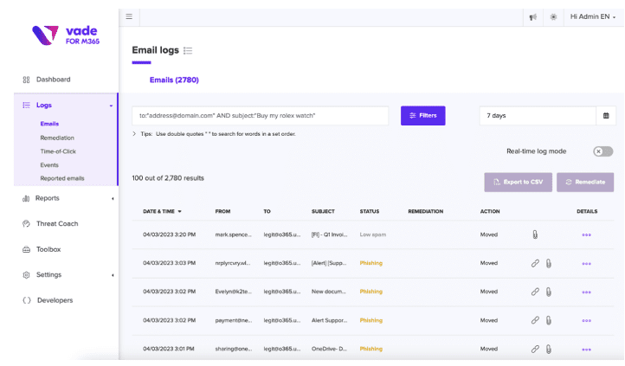 Les journaux d’emails révèlent les expéditeurs et destinataires d’emails, ainsi que les lignes d'objet des emails malveillants.