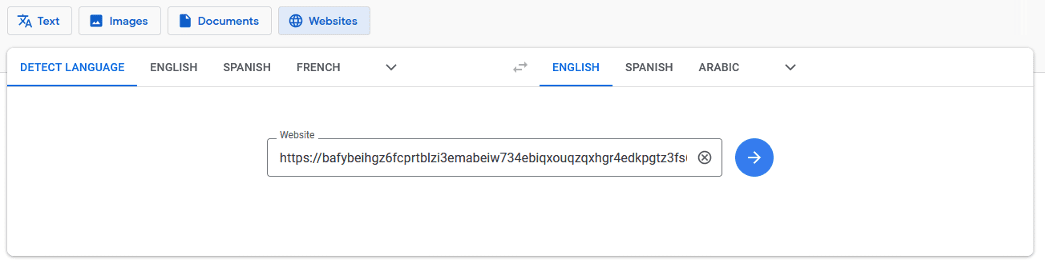 Google Translate page for website translation 