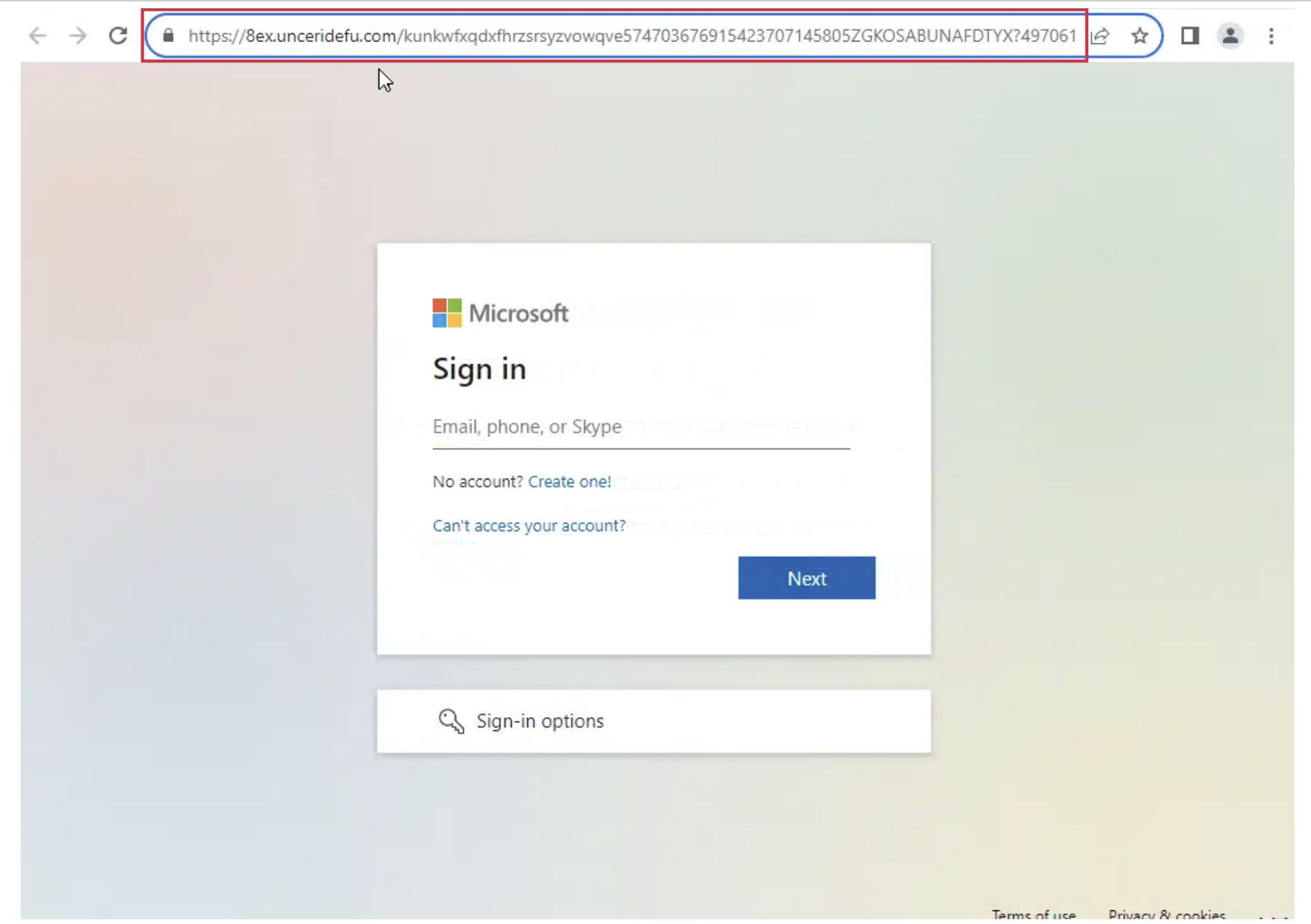 Exemple de fausse page de connexion Microsoft