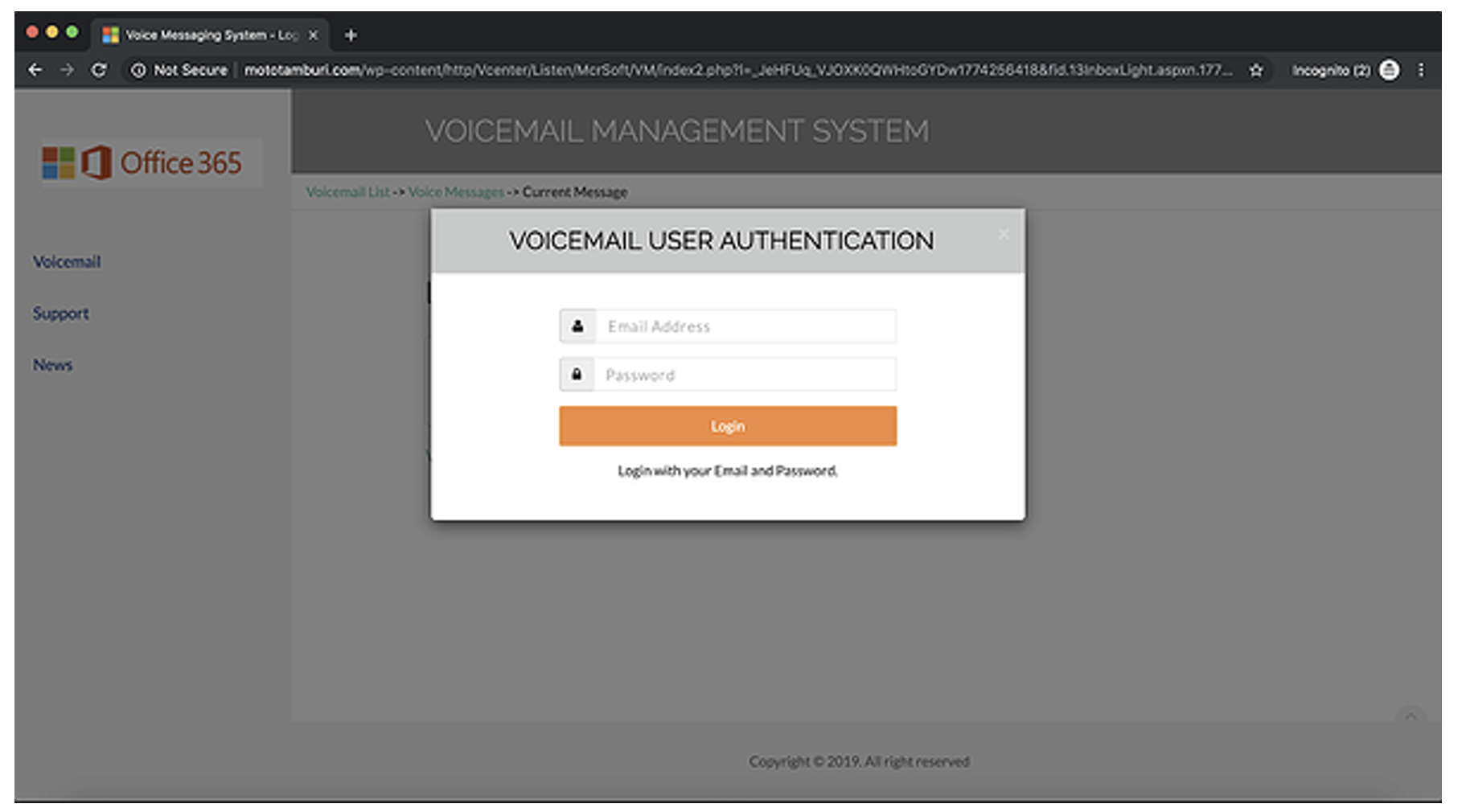 Exemple de fausse page de login M365 d’attaque par message vocal