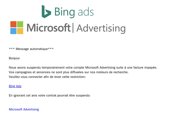 Exemple de phishing Bing ads