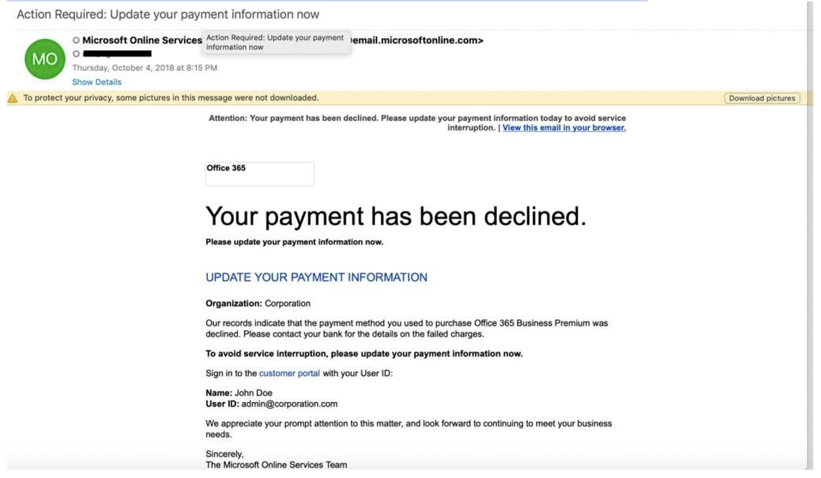 Exemple de phishing Microsoft demandant la mise à jour d’informations de paiement “maintenant” 