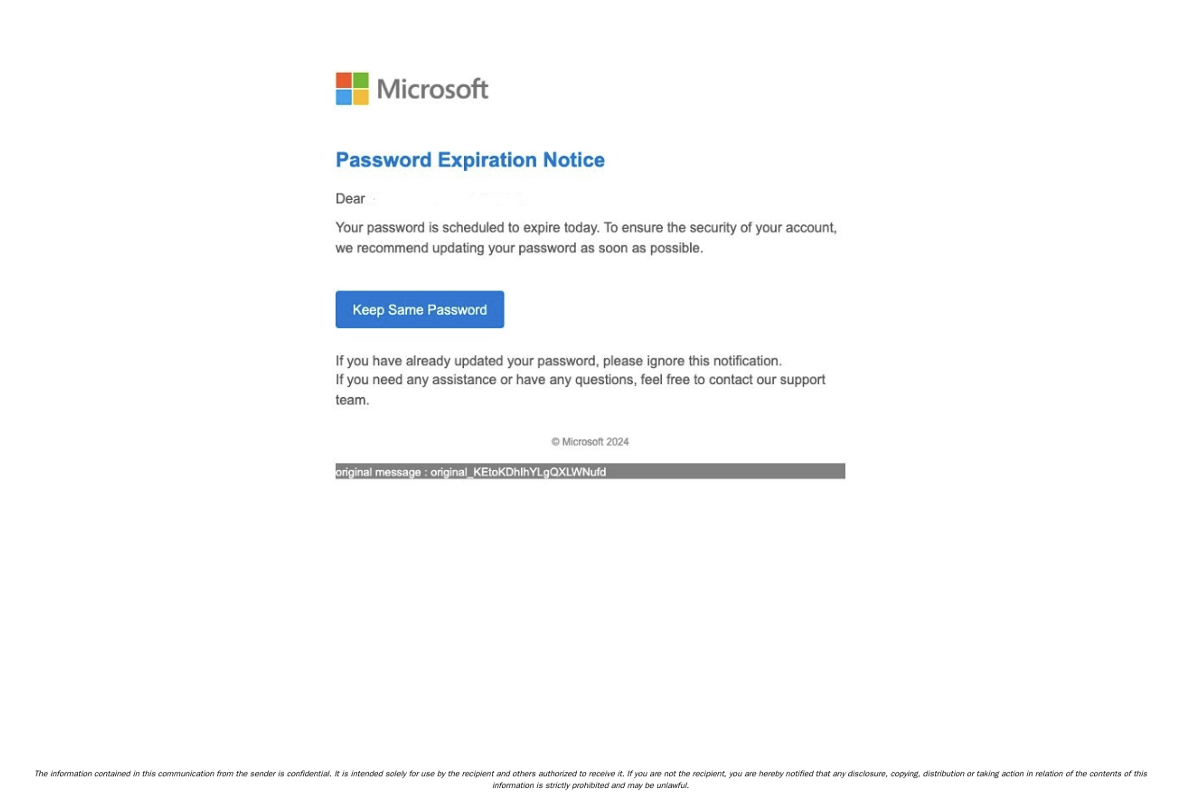 Exemple de phishing Microsoft par “expiration de mot de passe”