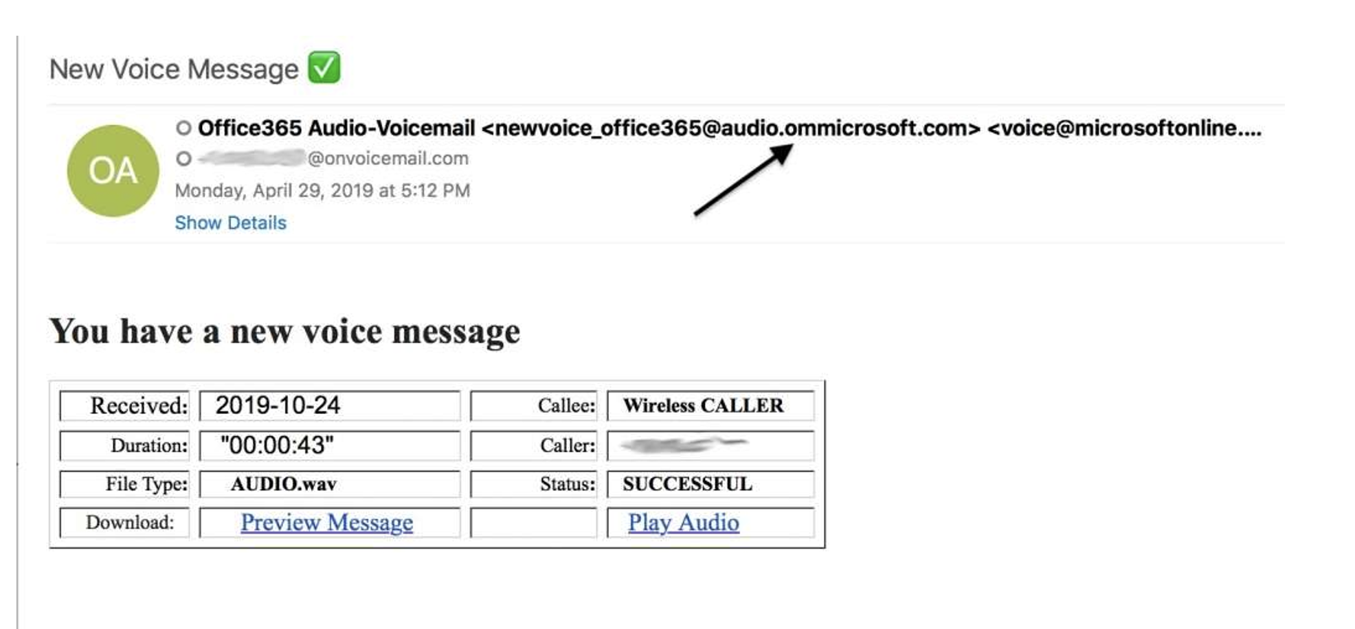 Exemple de phishing Microsoft par message vocal