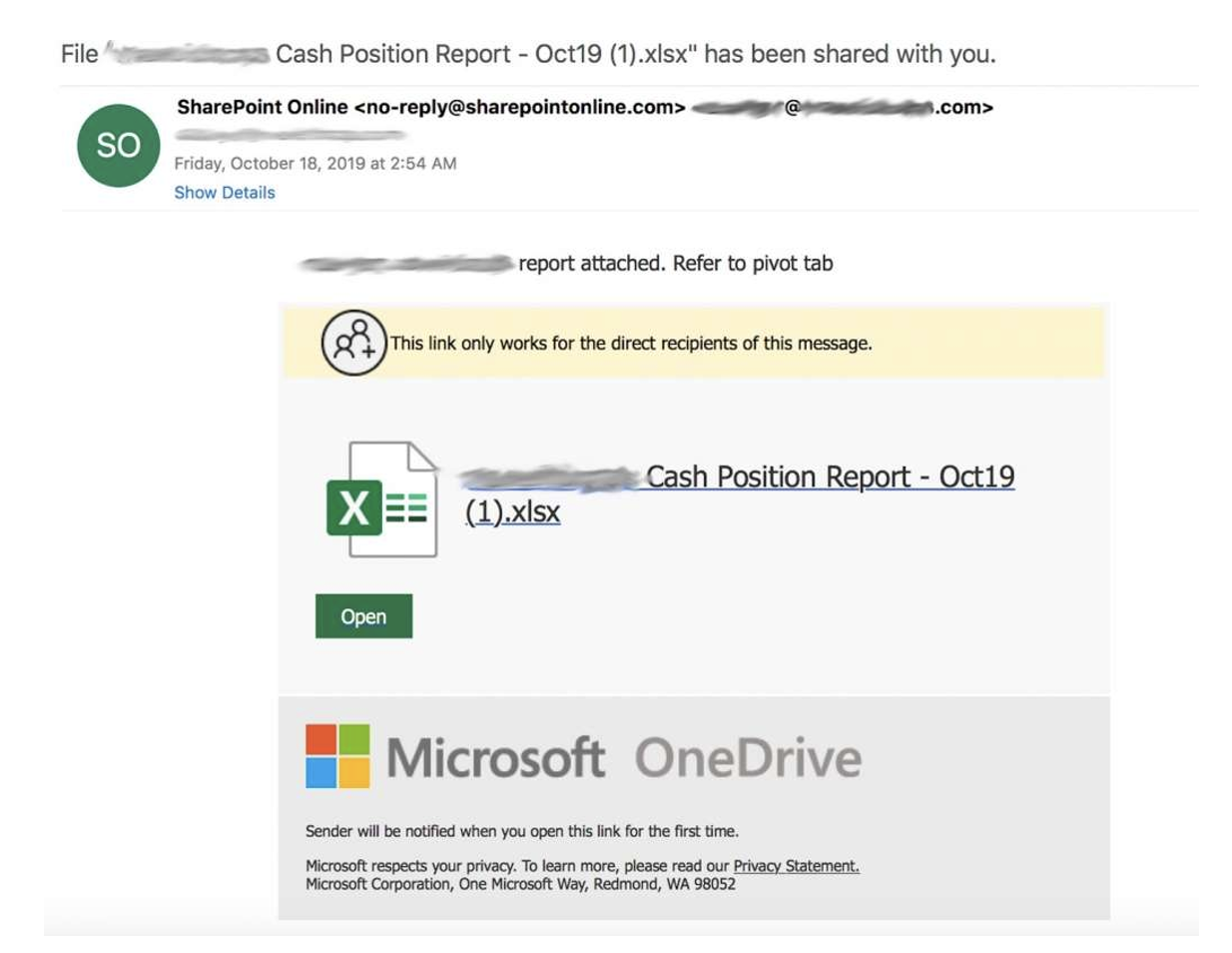 Exemple de phishing par partage de fichier OneDrive