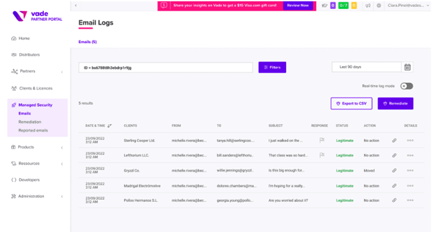 Logiciel anti-phishing – Écran des journaux d’email dans Vade for M365