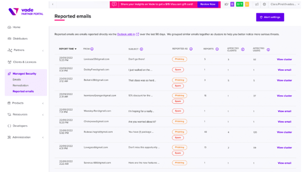 Logiciel anti-phishing – Tableau de bord Emails signalés dans Vade for M365