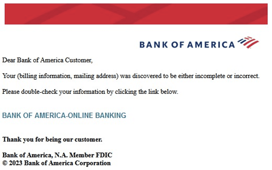 Phishing and malware – Bank of America phishing email detected by Vade