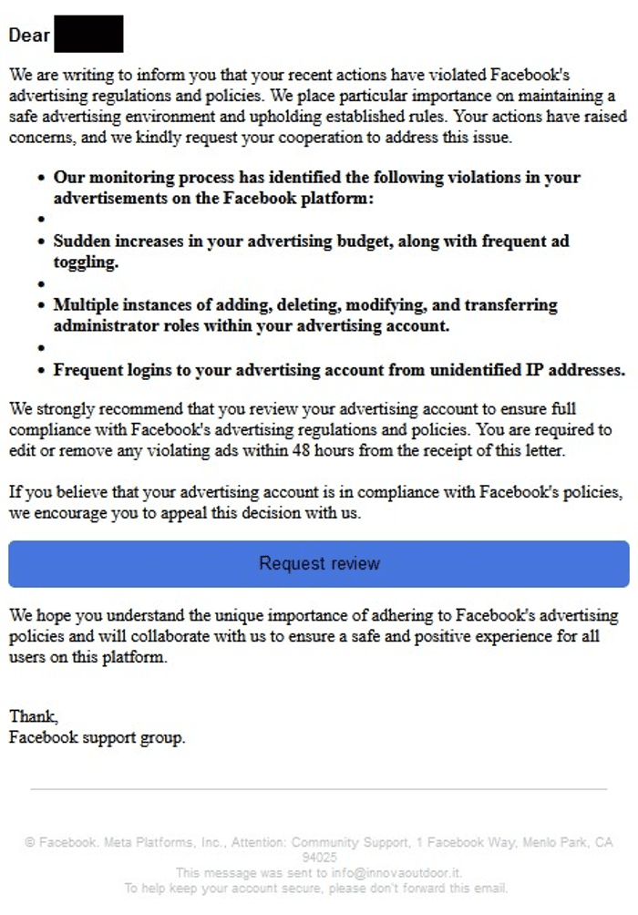 Phishing and malware – Facebook phishing email detected by Vade