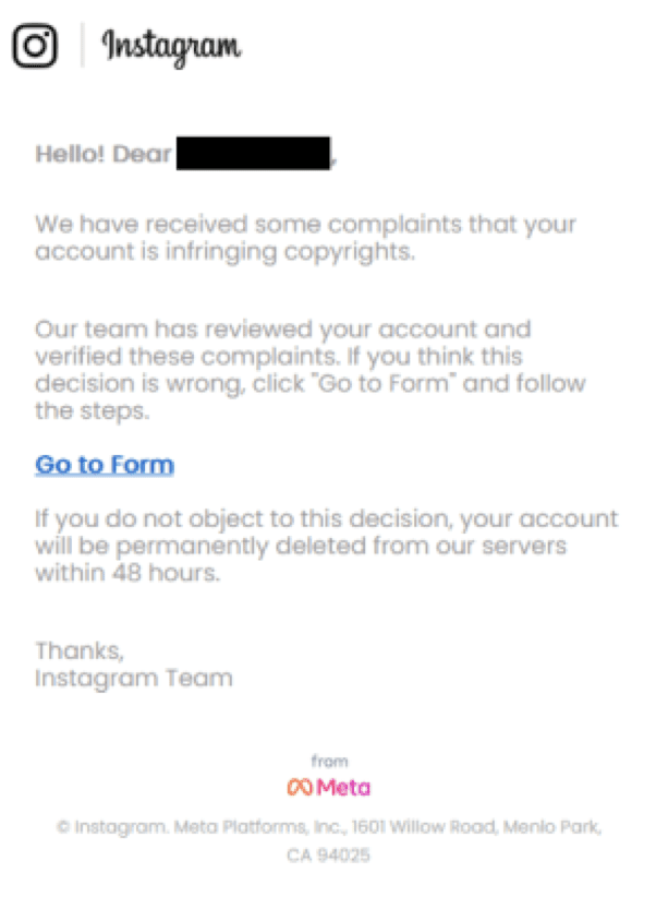 Phishing et malwares - Image du scam relatif à la violation des droits d’auteur sur Instagram