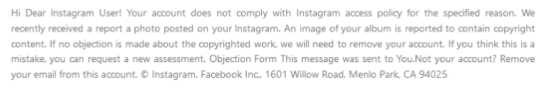 Phishing et malwares - Ancien texte du scam relatif à la violation des droits d’auteur sur Instagram
