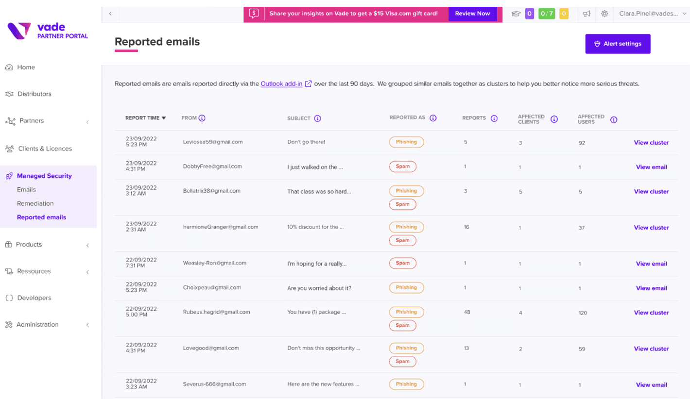 Emails signalés - portail partenaire vade