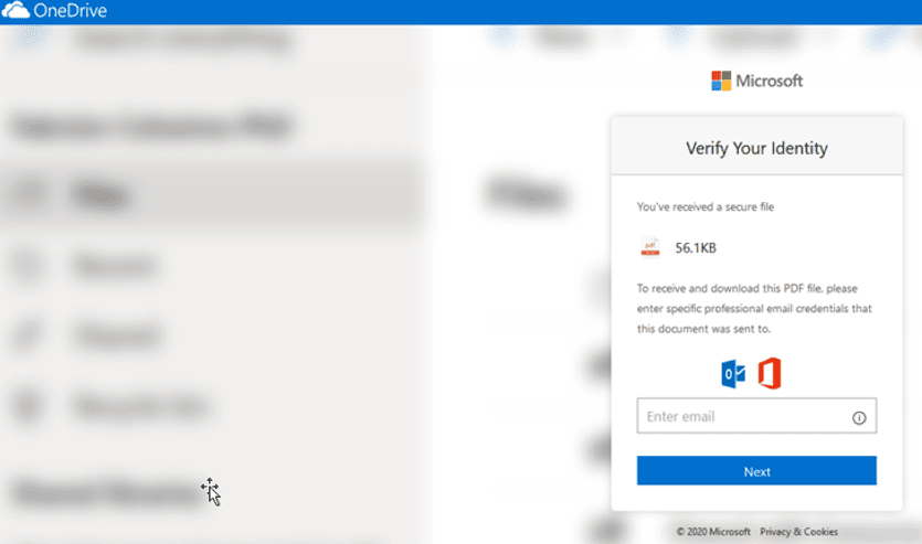 Microsoft et cybersécurité - Page de phishing de destination