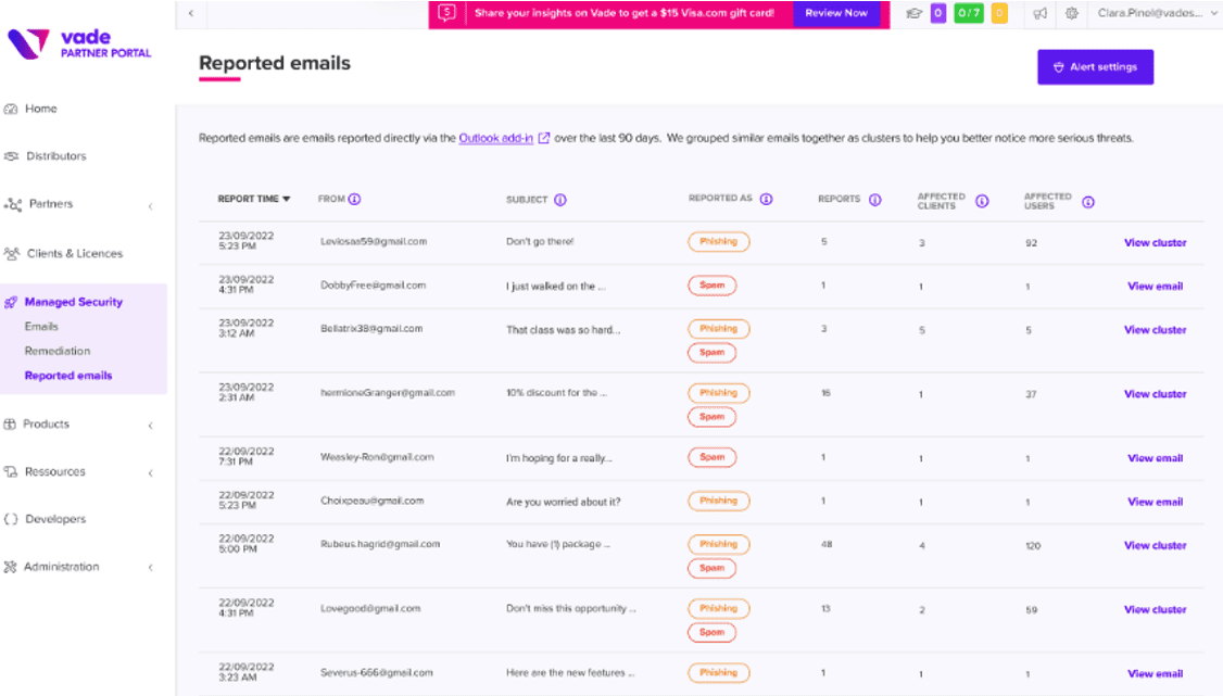 疑わしいメールを報告する – VadeパートナーポータルのReported emails画面