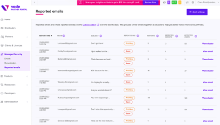 Report suspicious emails – Reported emails screen in Vade Partner Portal