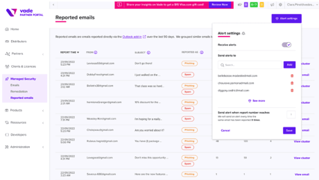 Report suspicious emails – Reported email alert settings in Vade Partner Portal