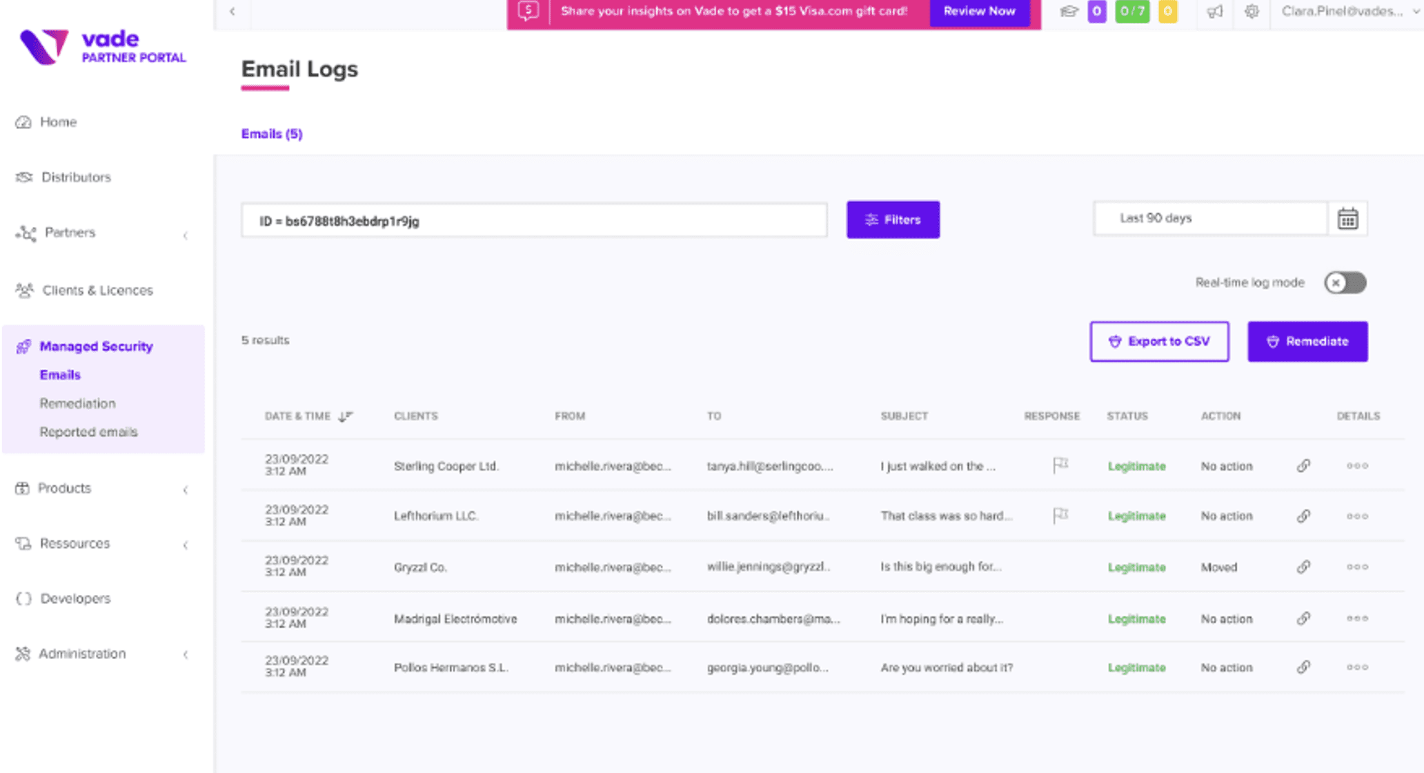 Solution de Sécurité de l’email - Journaux des emails dans le portail Partenaire Vade