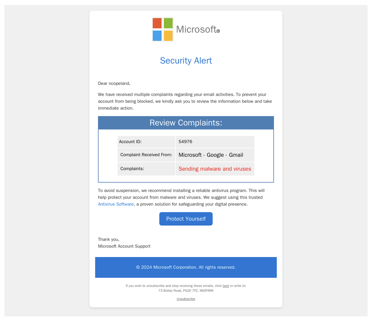 Exemple de phishing par alerte de sécurité