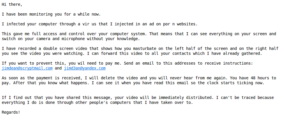 sextorsion email à la place d'adresse blockchain