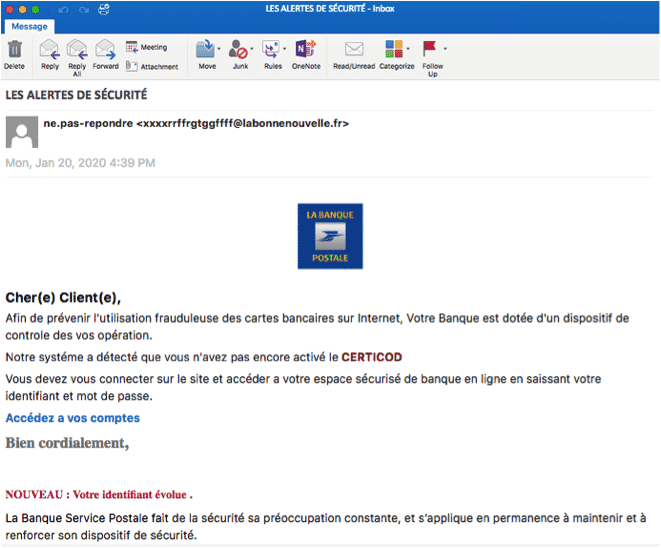 Laposte.net phishing email example detected by VadeSecure