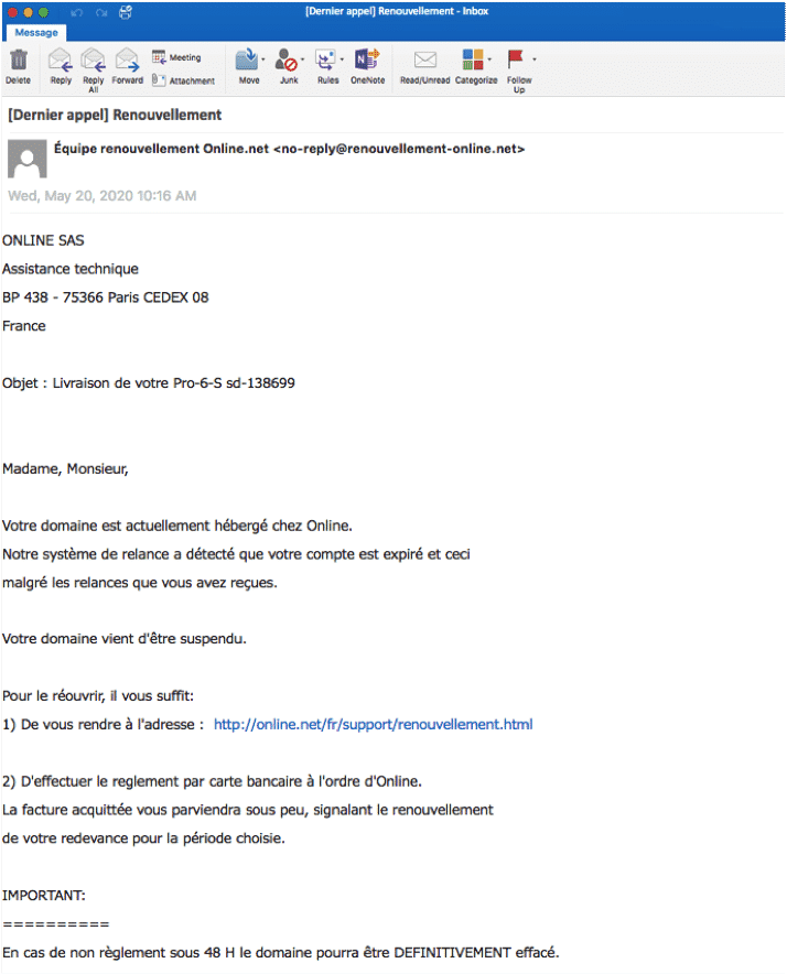Email de phishing online.net détecté par VadeSecure