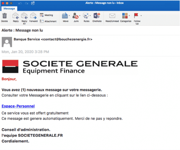 Exemple d'un email de phishing société générale détecté par VadeSecure