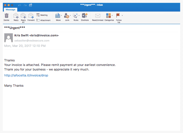 Phishing Email Example detected by VadeSecure