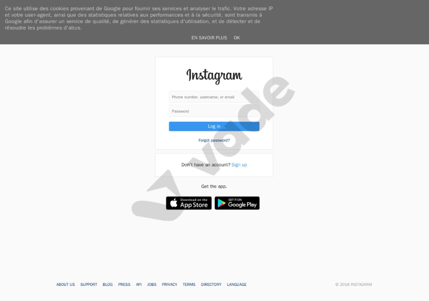 Instagram phishing page detected by Vade