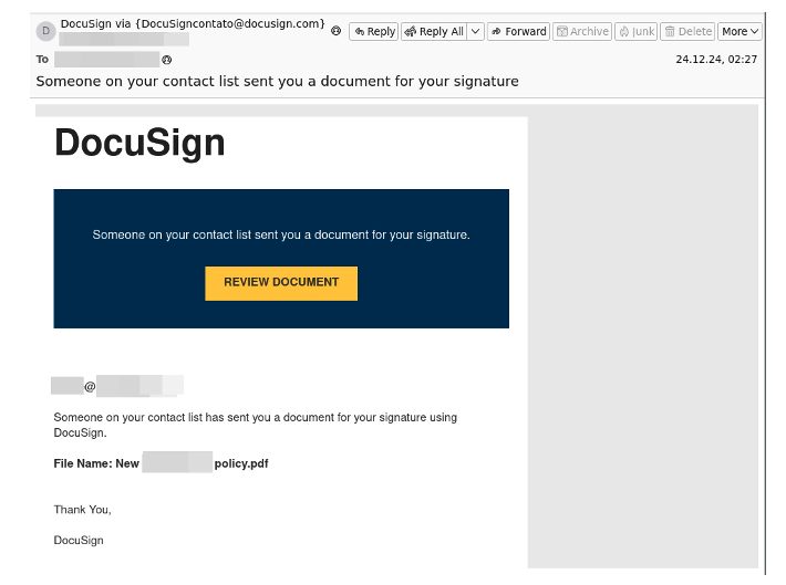 Email frauduleux utilisant l'identité de DocuSign
