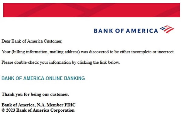 Phishing - Phishing email impersonating Bank of America
