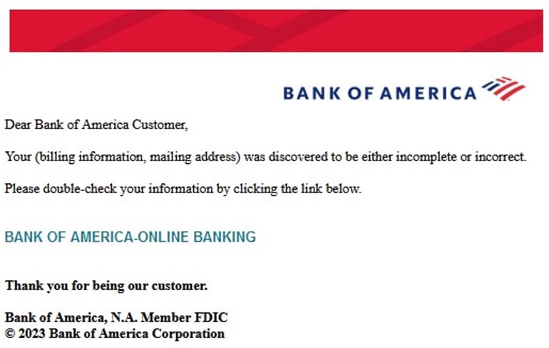 Phishing - Email de phishing usurpant l’identité de Bank of America