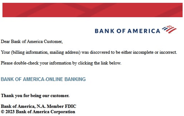 Phishing et malwares - Email de phishing Bank of America détecté par Vade