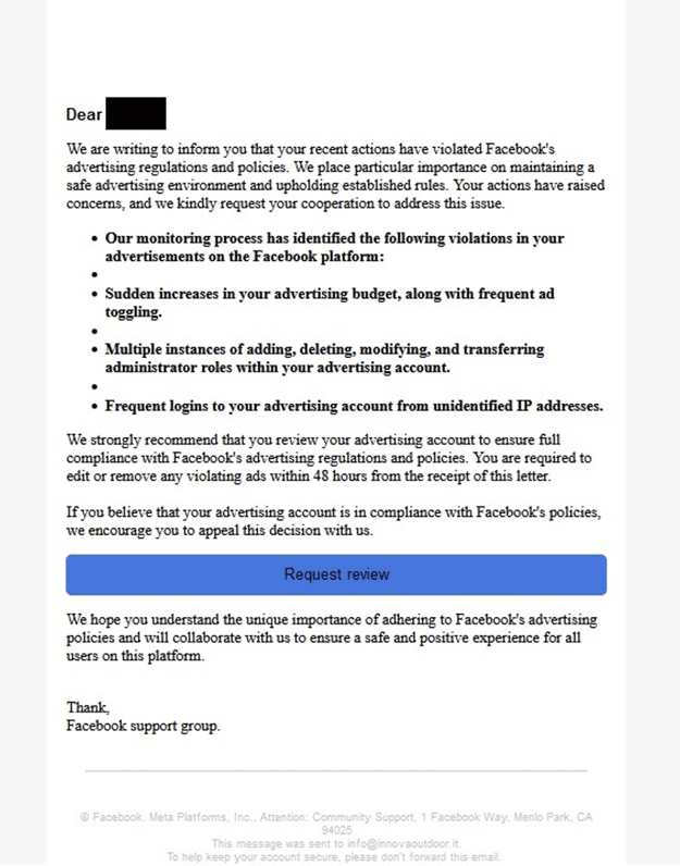 Phishing et malwares - Email de phishing Facebook détecté par Vade 