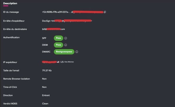 Détails du journal des emails de Vade pour la menace