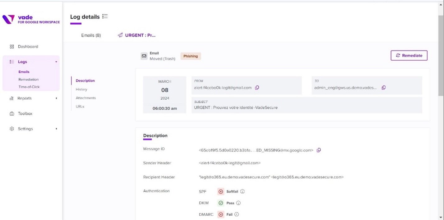 Détails d’un journal d’emails dans Vade for Google Workspace