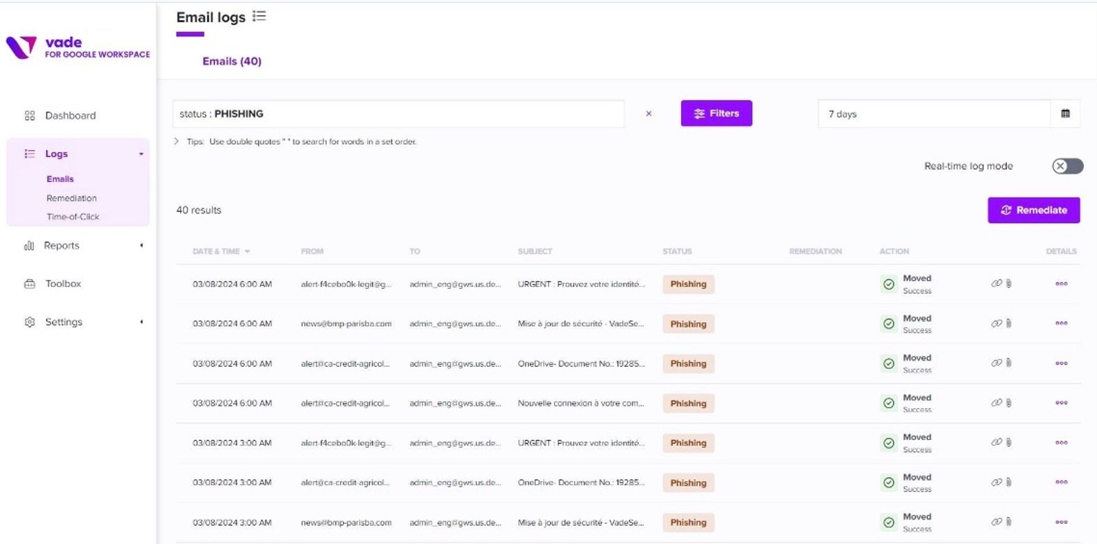 journaux d’e-mails de Vade for Google Workspace