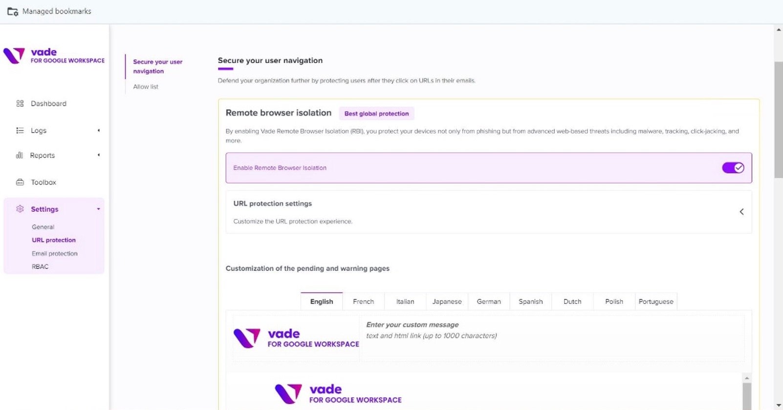Vade pour Remote Browser Isolation 