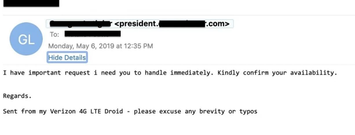 Best email security - example of a phishing email