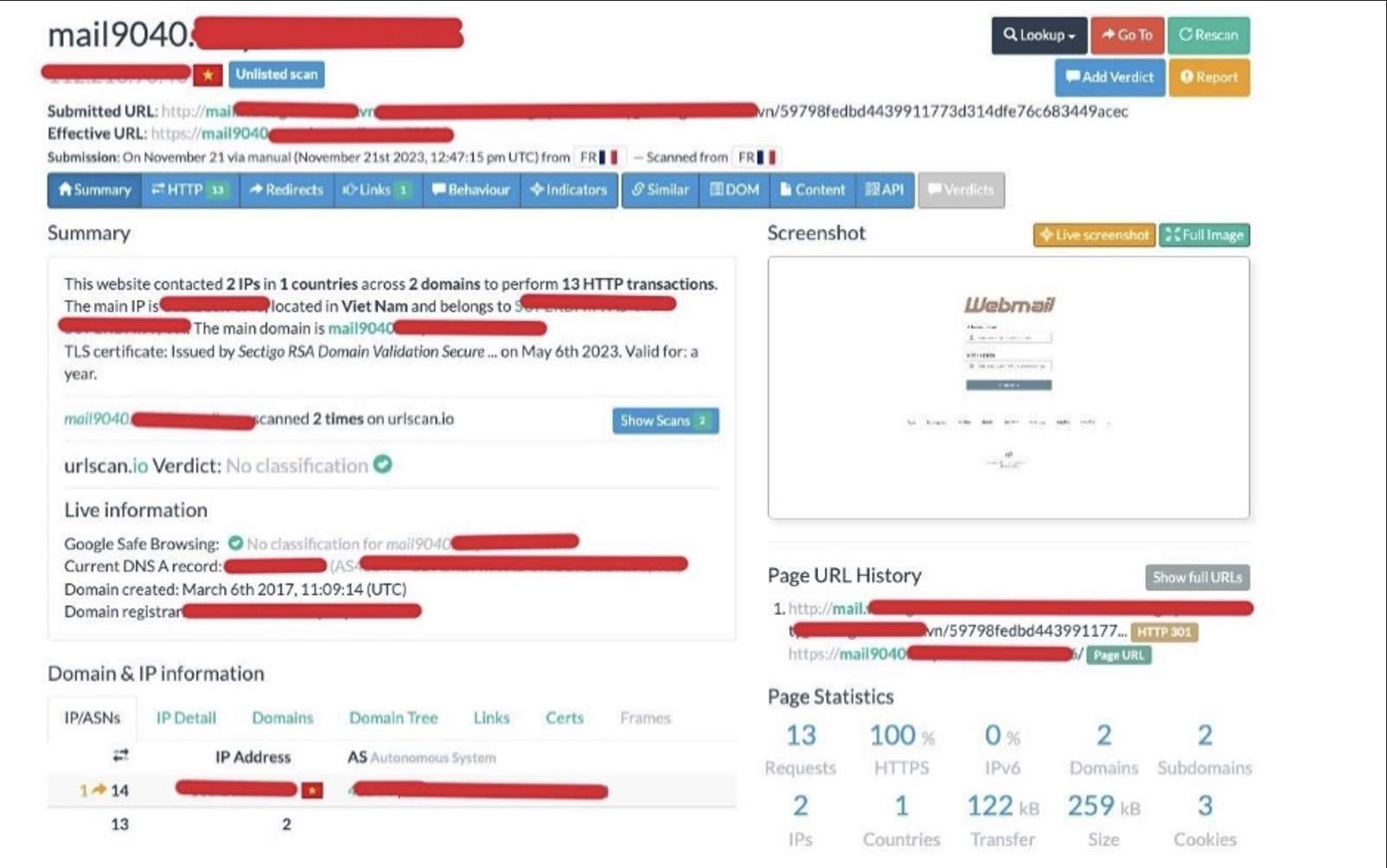 Analyse par urlscan.io de l’email de phishing