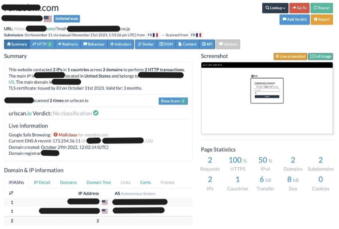 Analyse par urlscan.io du site de phishing