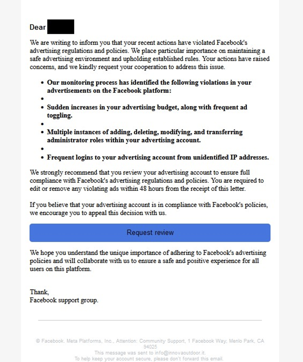 Email de phishing Facebook détecté par Vade-4