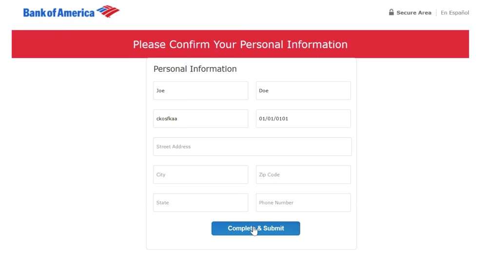 Formulaire de phishing pour Bank of America