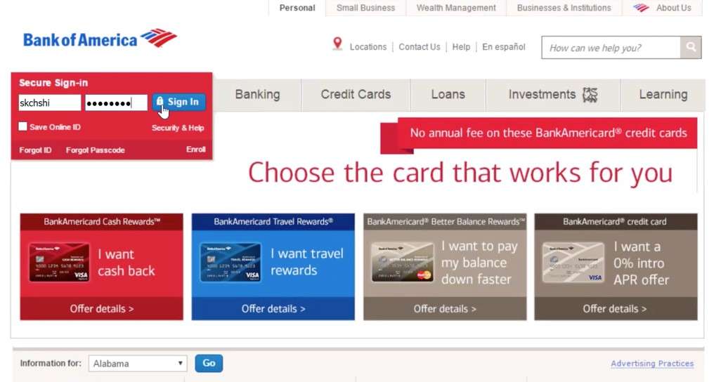 Bank of America phishing page