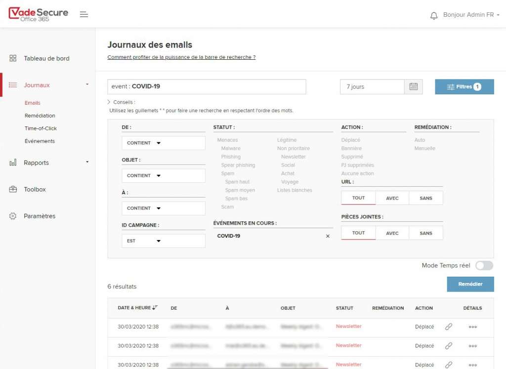 Présentation du suivi des événements pour Vade Secure for Office 365