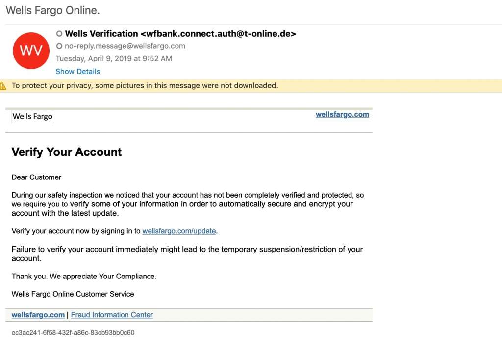 Email de phishing Wells Fargo