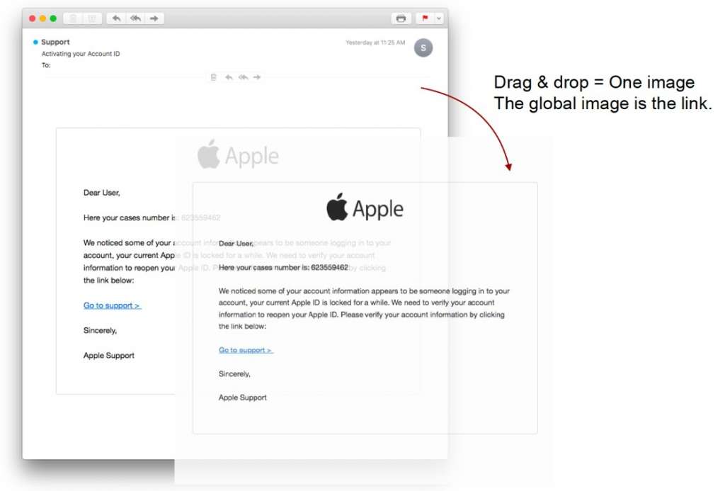 Email de phishing imitant Apple avec une image contenant du texte