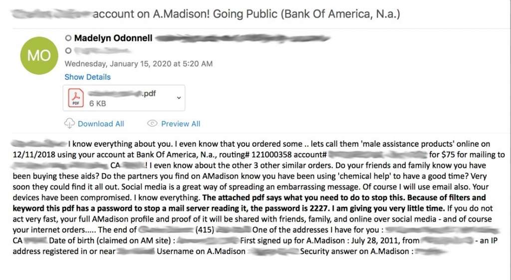 Email de sextorsion lié à Ashley Madison